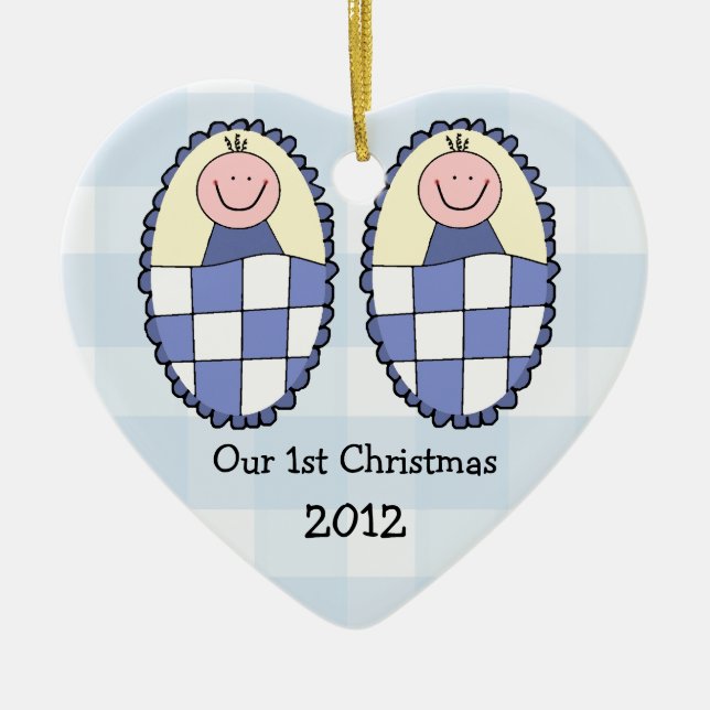 Twins 1st Christmas Blue Ceramic Tree Decoration (Front)