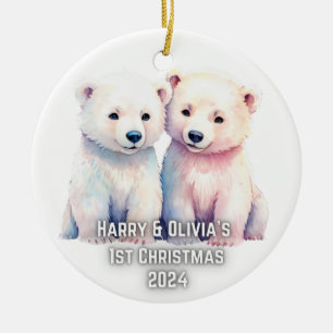 Twins 1st Christmas Personalised Polar Bear Ceramic Tree Decoration