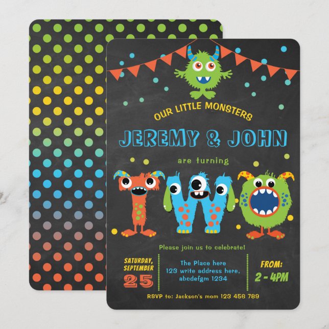 Twins 2nd Birthday cute little monster party Invitation (Front/Back)