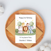 Twins 2nd Birthday Safari Leaf Animals Card