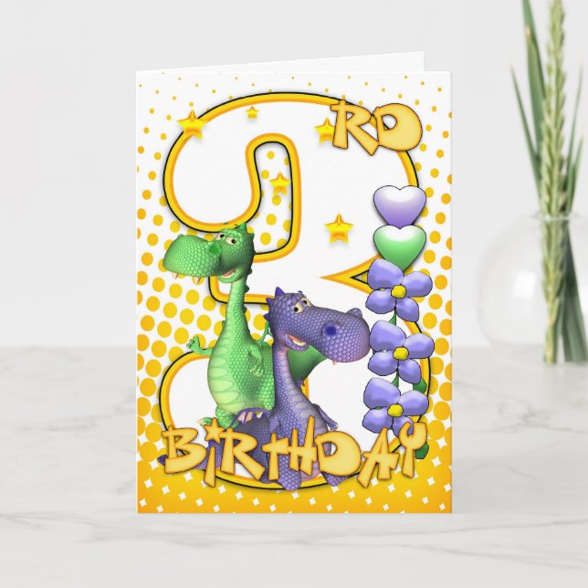 Twins 3rd Birthday Card - Cute Little Dragons (Front)