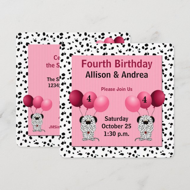 Twins 4th Birthday Party Dalmatians with Pink Invitation (Front/Back)
