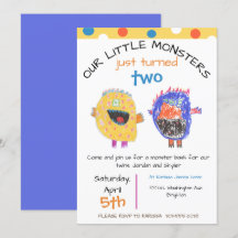 TWINS Any Age Yellow Monster Birthday Invitation