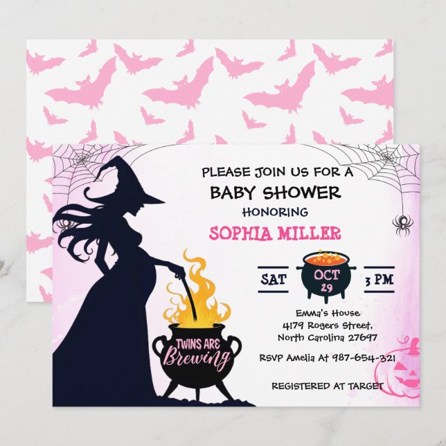 Twins are Brewing Shower Witch Halloween Cauldron Invitation (Front/Back)