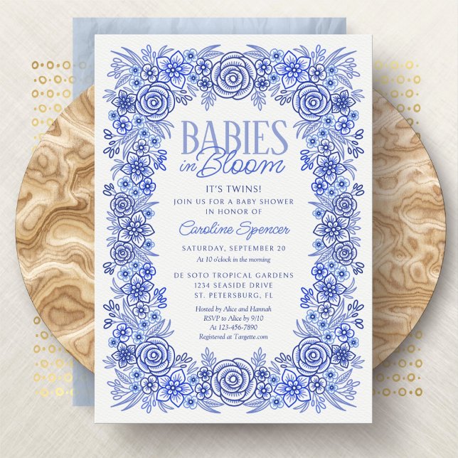 Twins Babies In Bloom Blue Floral Baby Shower Invitation (Creator Uploaded)
