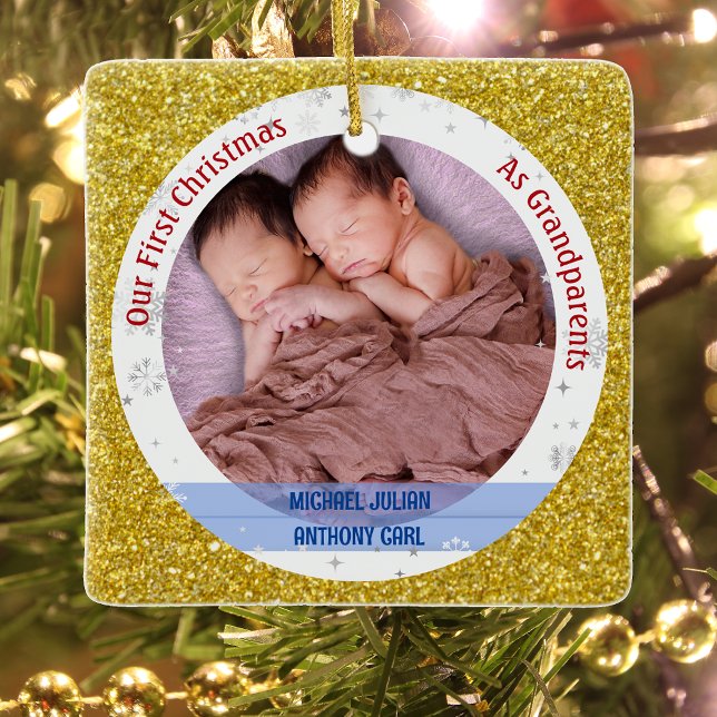 Twins Baby Boys 1st Xmas As Grandparents 2 Photos Ceramic Ornament (Elegant Modern Cute Golden Our First Christmas as Grandparents Twin Boys Photo Swaddled Baby Glitter)