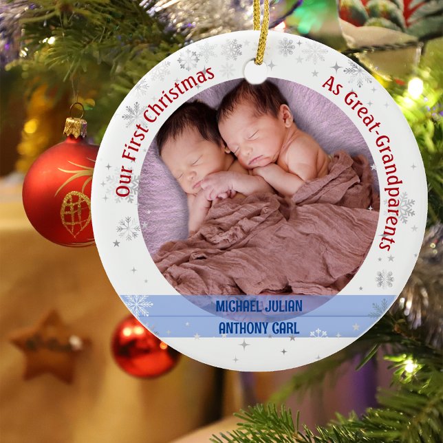 Twins Baby Boys 1st Xmas Great-Grandparents Photos Ceramic Tree Decoration (Our First Christmas as Great-Greatparents of Twin Boys. Snowflakes and Stars. Cute Swaddled Babies)