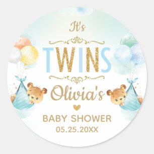 Twins Baby Boys Cute Bears Balloons Baby Shower Classic Round Sticker