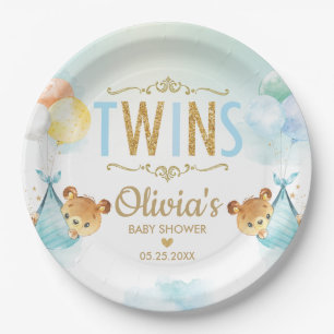 Twins Baby Boys Cute Bears Balloons Baby Shower Paper Plate