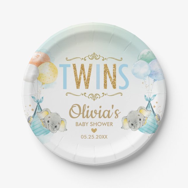 Twins Baby Boys Elephant Balloons Baby Shower Paper Plate (Front)