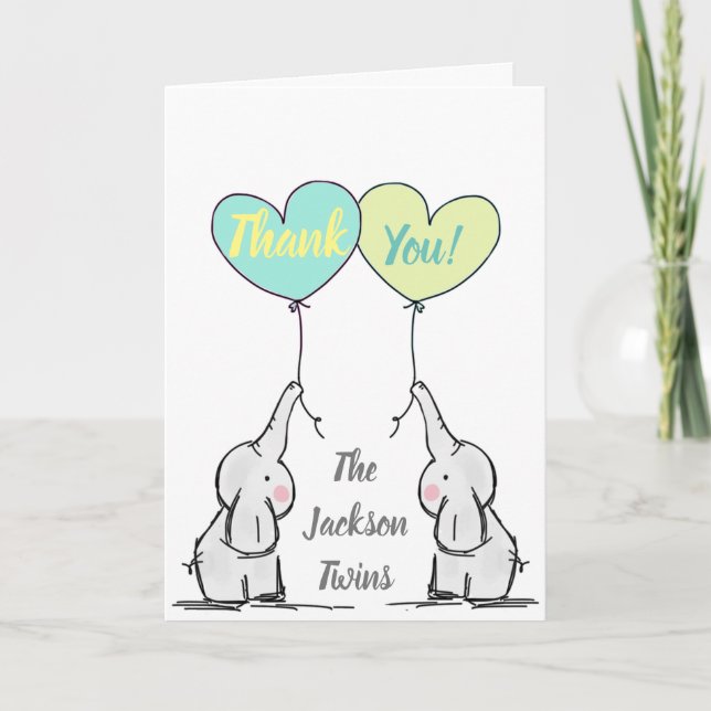 Twins Baby Elephant Thank You Card (Front)