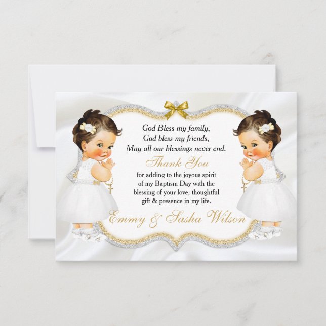 Twins Baby Girl Baptism Gold Cross Thank You Card (Front)