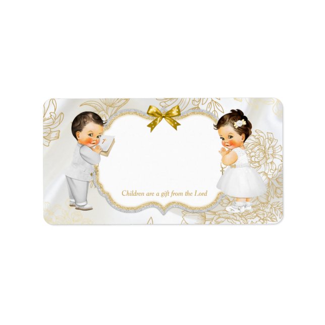 Twins Baby Girl Boy Baptism Christening Gold White Label (Front)