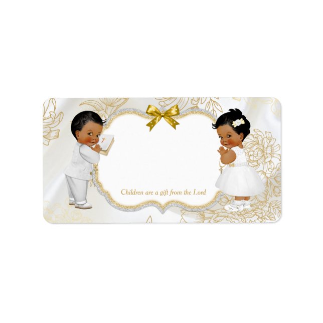 Twins Baby Girl Boy Baptism Christening Gold White Label (Front)