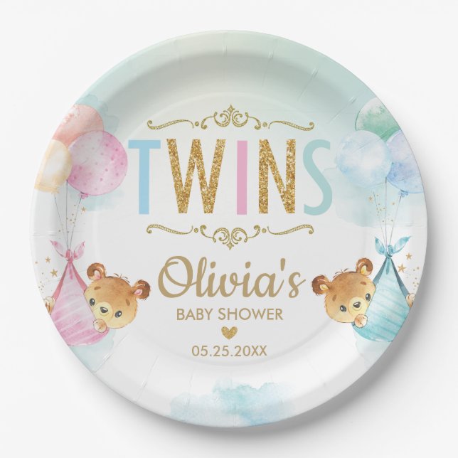 Twins Baby Girl Boy Cute Bear Balloons Baby Shower Paper Plate (Front)