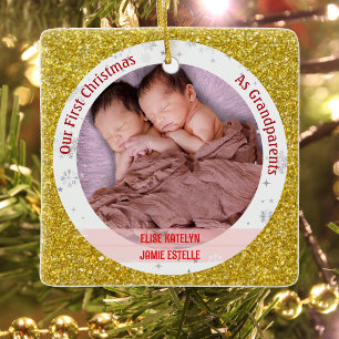 Twins Baby Girls 1st Xmas As Grandparents 2 Photos Ceramic Ornament
