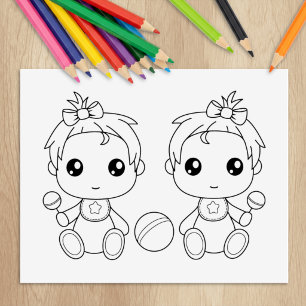 Twins Baby Girls Colouring Page Rubber Stamp