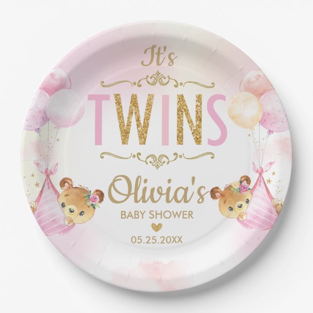 Twins Baby Girls Cute Bears Balloons Baby Shower Paper Plate (Front)