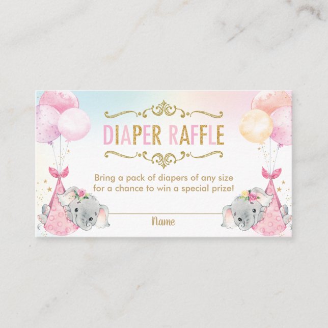 Twins Baby Girls Elephant Diaper Raffle Ticket Enclosure Card (Front)