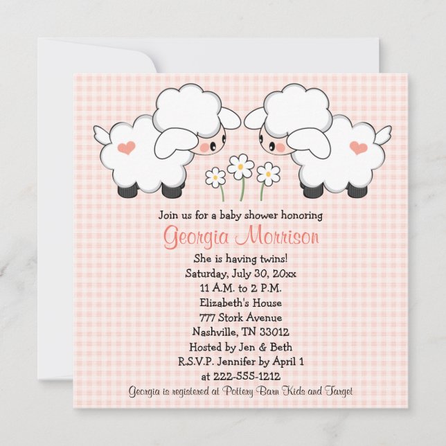 Twins Baby Lambs Baby Shower Invitations Girls (Front)
