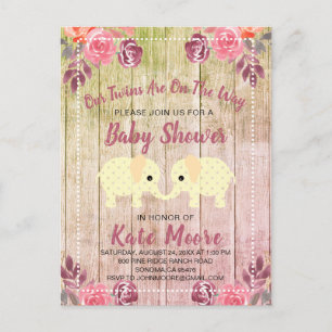 Twins Baby Shower Baby Elephants Invitation Postcard