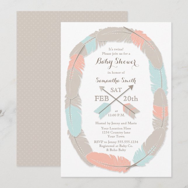 Twins Baby Shower Boho Tribal Boy/Girl Twin Invitation (Front/Back)