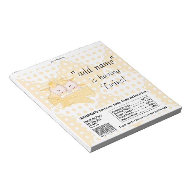 Twins Baby Shower Candy Bar Wrappers Party Favours Notepad (Angled)
