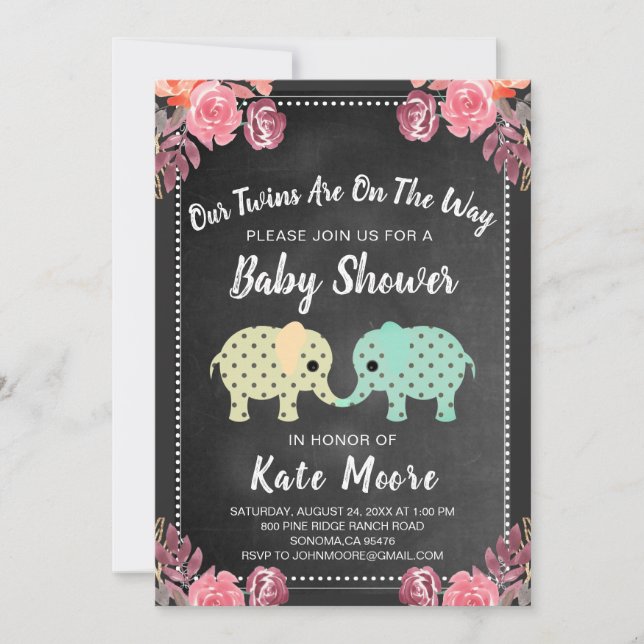Twins Baby Shower Chalkboard Floral Elephants Invitation (Front)
