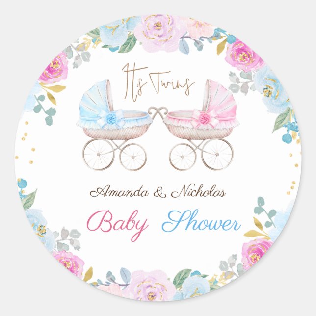 Twins Baby Shower  Classic Round Sticker (Front)
