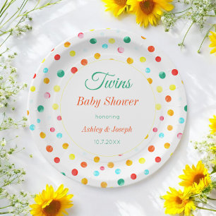 Twins Baby Shower Colourful Dots Pattern Paper Plate