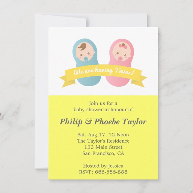 Twins Baby Shower - Cute Baby Boy and Girl Invitation (Front)
