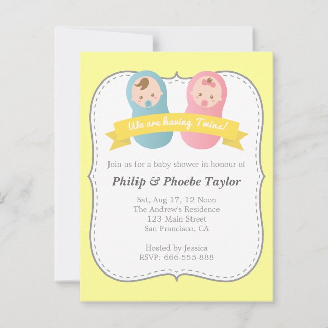 Twins Baby Shower - Cute Baby Boy and Girl Invitation (Front)