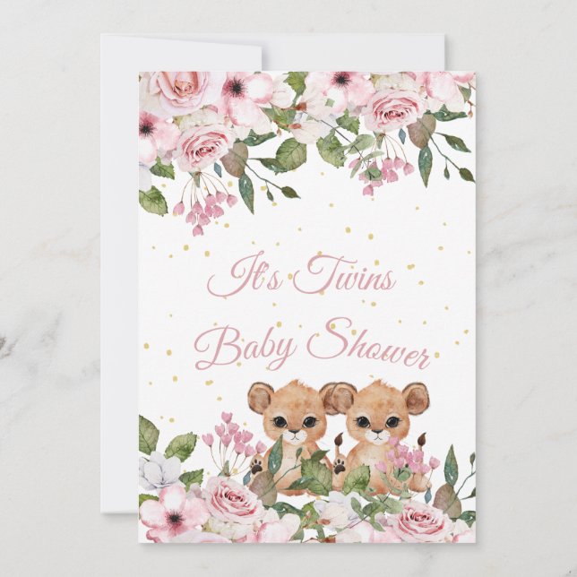 Twins Baby Shower Cute Lion Pink Floral Gold  Invitation (Back)