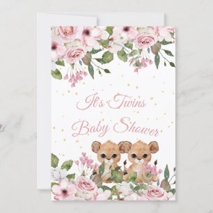 Twins Baby Shower Cute Lion Pink Floral Gold  Invitation