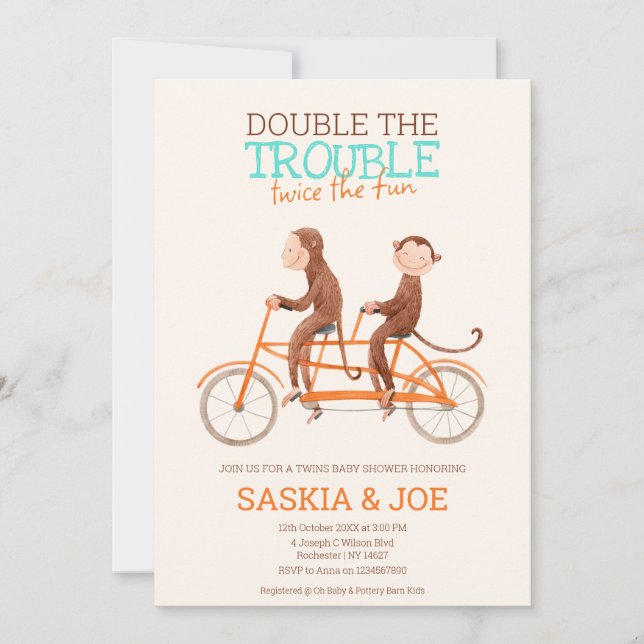 Twins Baby Shower Cute Monkey Double Trouble  Invitation (Front)