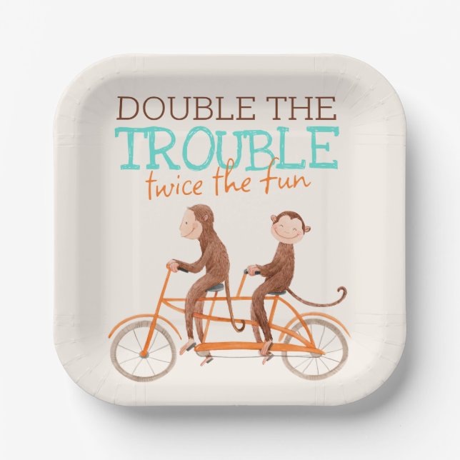 Twins Baby Shower Cute Monkey Double Trouble  Paper Plate (Front)