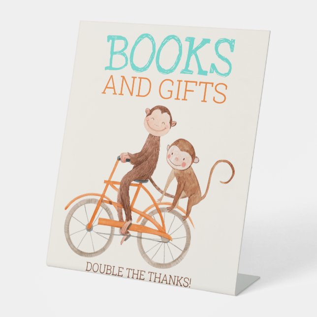 Twins Baby Shower Cute Monkey Double Trouble  Pedestal Sign (Front)