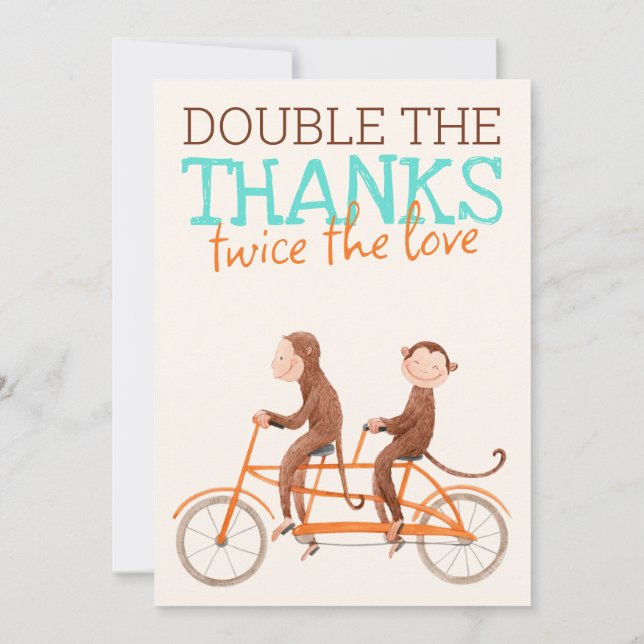 Twins Baby Shower Cute Monkey Double Trouble  Thank You Card (Back)