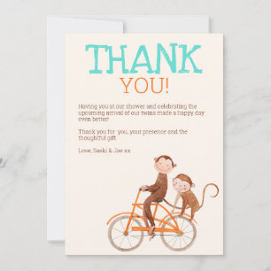 Twins Baby Shower Cute Monkey Double Trouble  Thank You Card