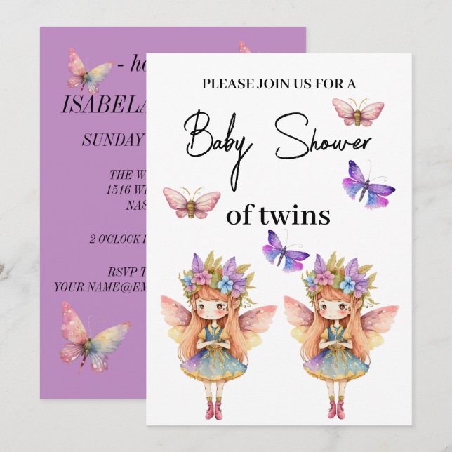 Twins Baby shower fairy with buterflies Invitation (Front/Back)