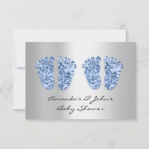 Twins Baby Shower Feet Glitter Blue Boys Grey Invitation