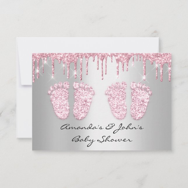 Twins Baby Shower Feet Glitter Drips Girls  Invitation (Back)