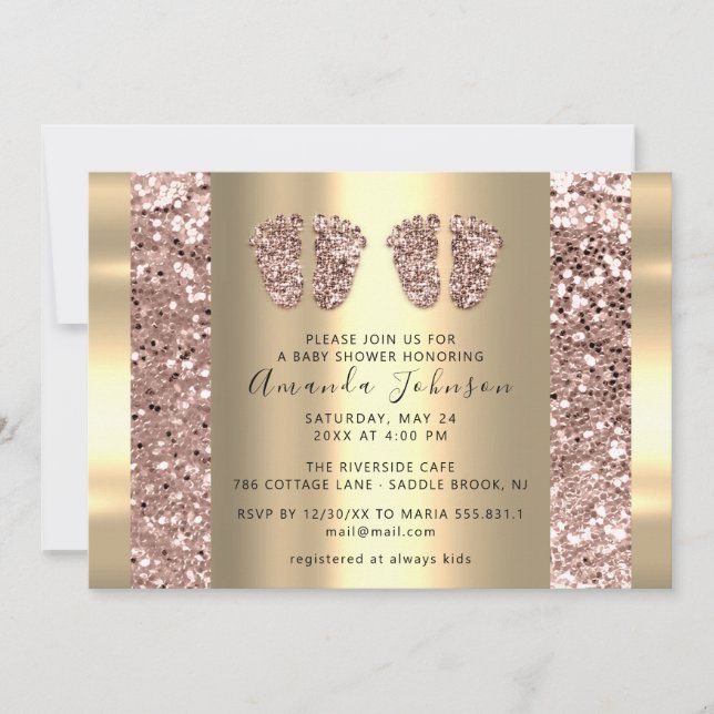 Twins Baby Shower Feet Rose Glitter Boy Girly Invitation (Front)