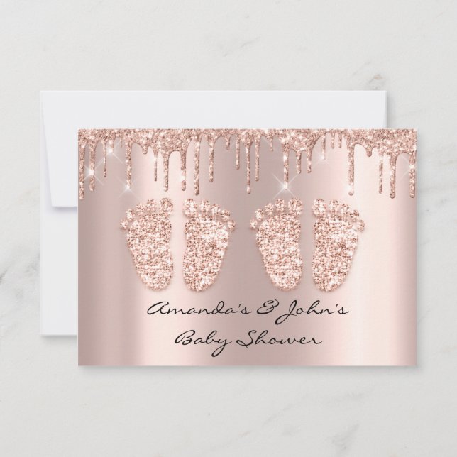 Twins Baby Shower Feet Rose Gold Drips Blush Invitation (Back)