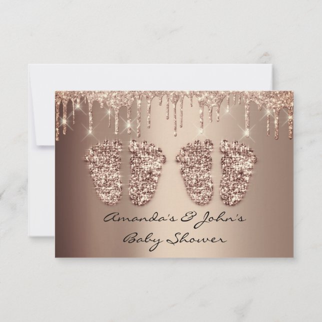 Twins Baby Shower Feet Rose Gold Drips Girl Boy Invitation (Back)
