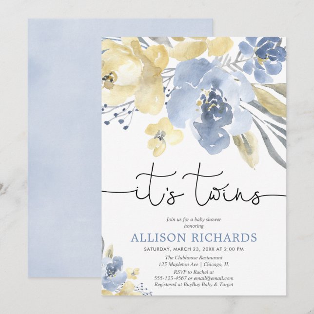 Twins baby shower, girl boy gender neutral floral invitation (Front/Back)