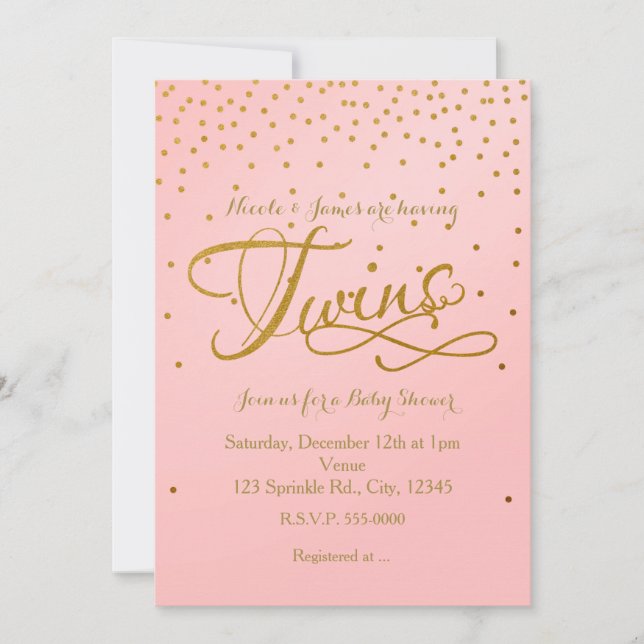 TWINS Baby Shower Girl Pink & Gold Dot Invitation (Front)
