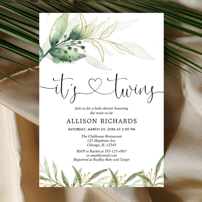Twins baby shower greenery and gold simple elegant invitation (Creator Uploaded)