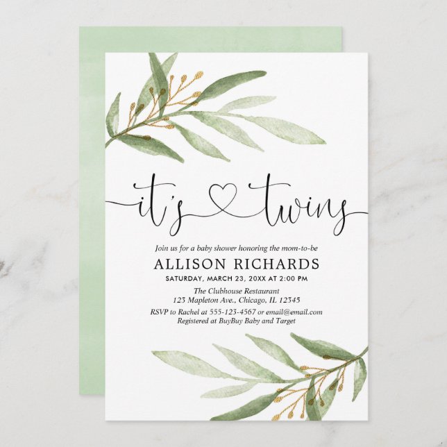 Twins baby shower, greenery green gold modern invitation (Front/Back)