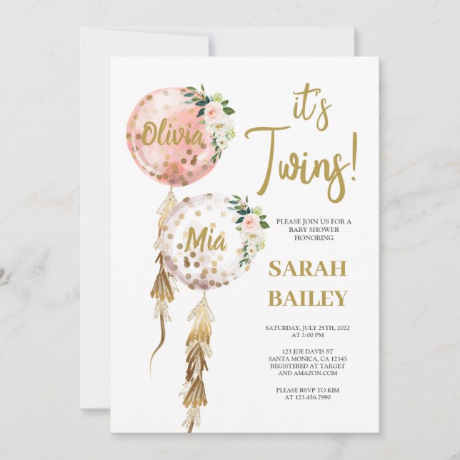 Twins Baby Shower Invitation Girls (Front)